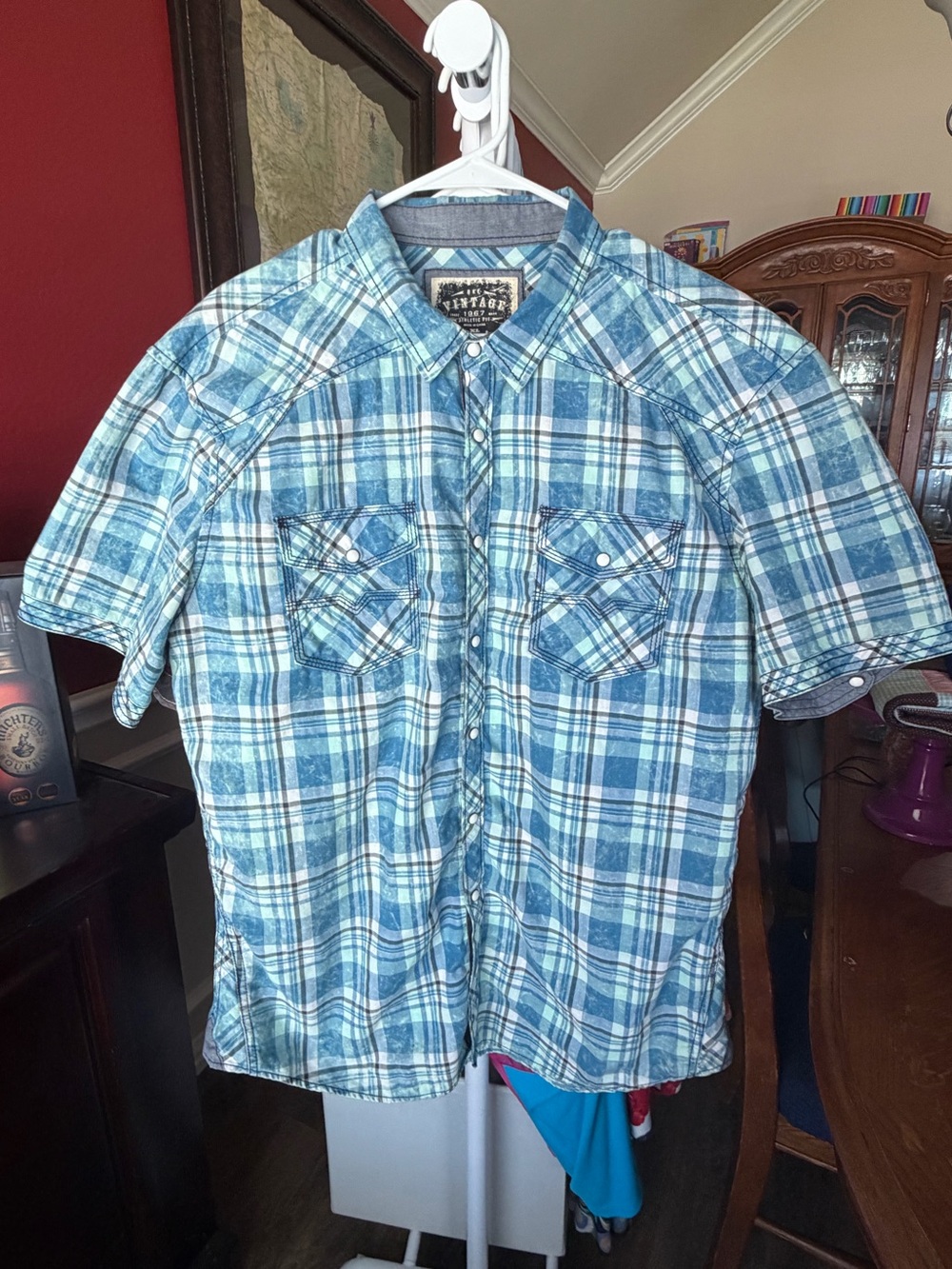 BKE Blue Plaid Short-Sleeve Pearl-Snap Shirt